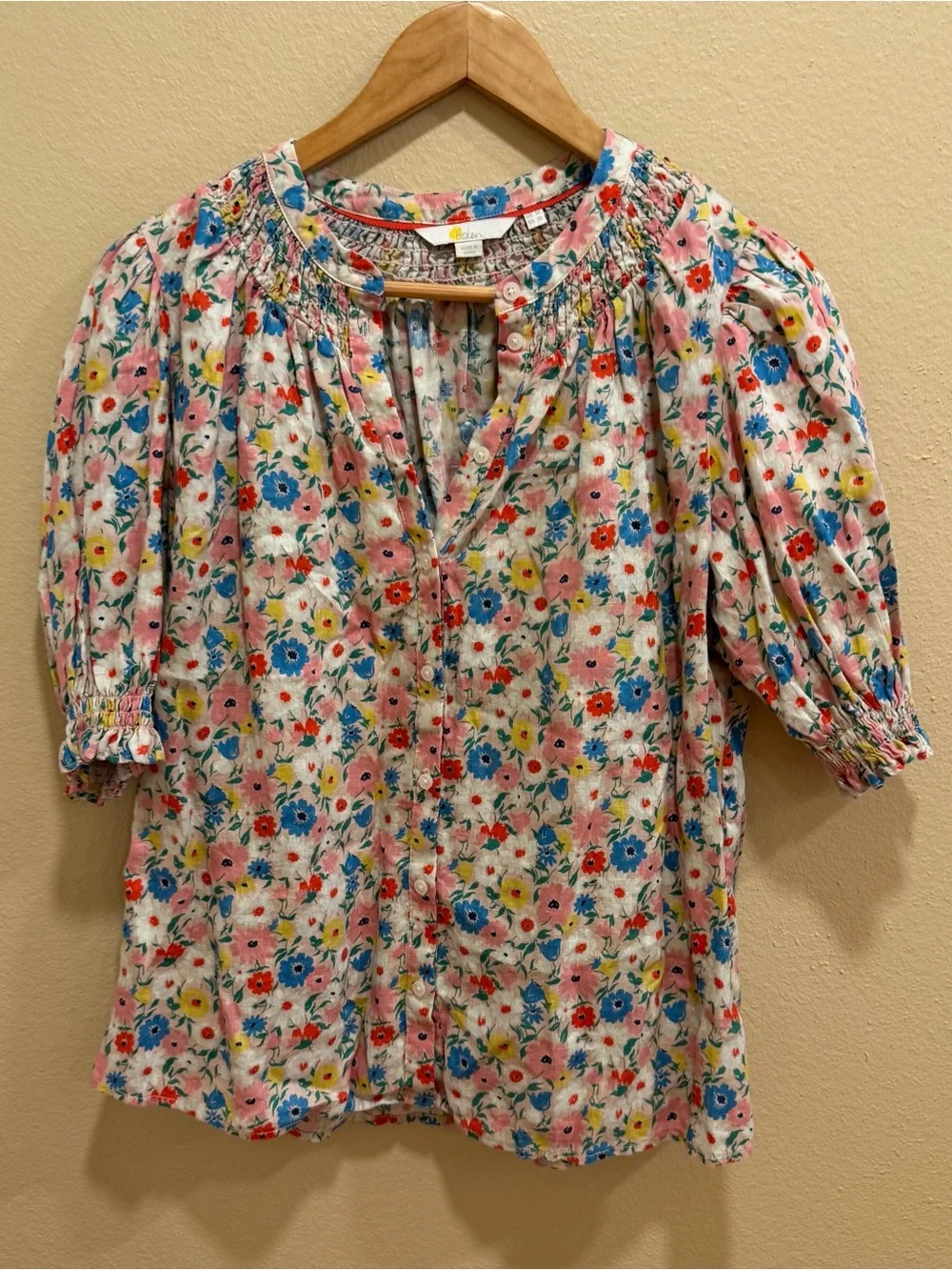 Boden Pure Linen Multicolor Floral Button-Front Blouse 10